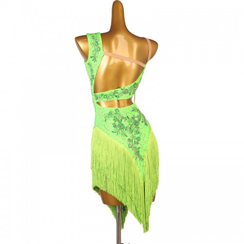 Custom size competition tassels fluorescent green latin dance dresses with diamond for women girls kids junior one shoulder fashion salsa cha cha performance outfits for female